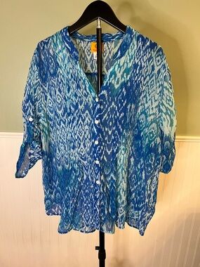Ruby Rd. Blue & Teal Patterned Button-Down Sheer Top Size  XL